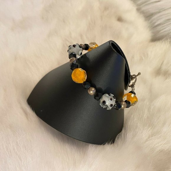 BLack Orange Polka Dot Bead Bracelet Silver Tone Metal Toggle Clasp 6203 - Picture 3 of 8